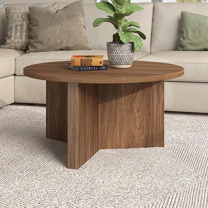 Henn&Hart 32" Round Wood Pedestal Coffee Table for Living Room, Family Room, Office, or Apartment, Medium Walnut