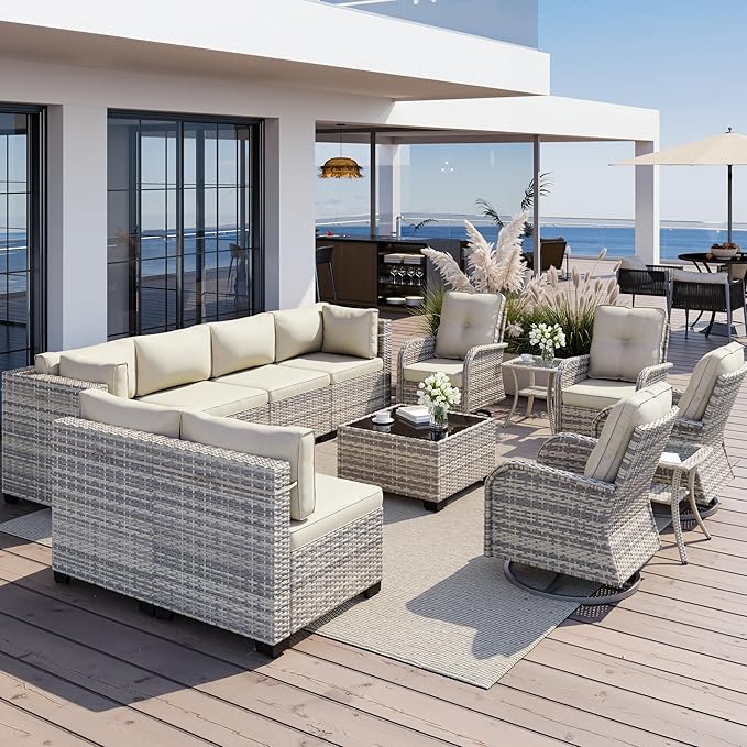 13-Piece Outdoor Patio Furniture Set with Rocking Swivel Chair, Wicker Rattan Sectional Sofa Conversation Set with Tempered Glass Table, Backyard Furniture, White