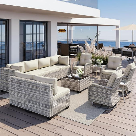 13-Piece Outdoor Patio Furniture Set with Rocking Swivel Chair, Wicker Rattan Sectional Sofa Conversation Set with Tempered Glass Table, Backyard Furniture, White