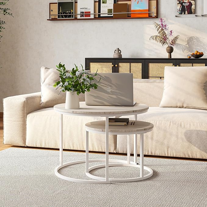 HOJINLINERO Round Coffee Table,Nesting Coffee Table Set of 2,Center Tables for Living Room,Office, Home Small Space,Stacking Side Tables,Sturdy and Easy Assembly,Wood Desktop,Oak+White,Large