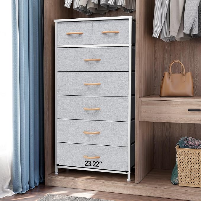 Crestlive Products Vertical Dresser Storage Tower - Sturdy Steel Frame, Wood Top, Easy Pull Fabric Bins, Wood Handles - Organizer Unit for Bedroom, Hallway, Entryway, Closets - 7 Drawers (Light Gray) - Image 2
