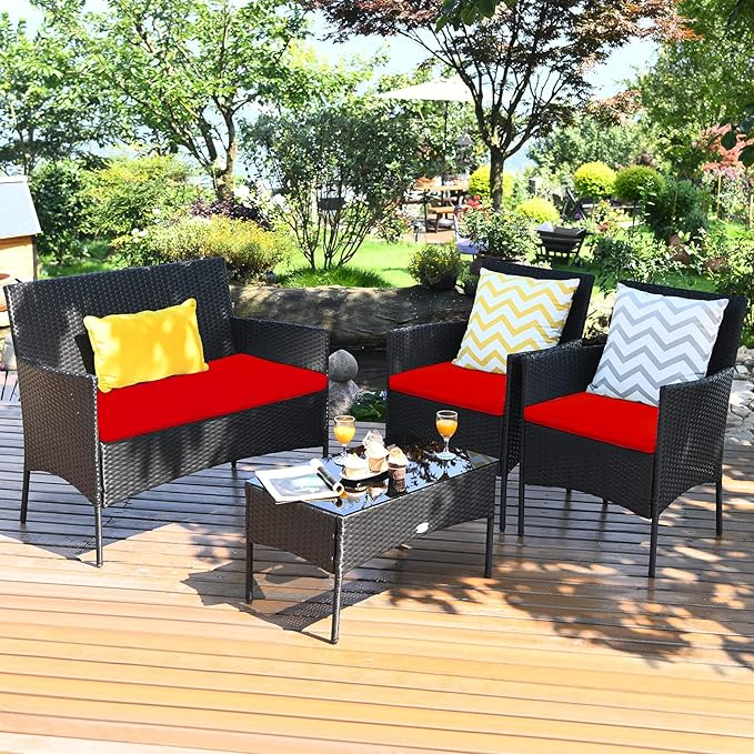 8 Pieces Patio Furniture Set, Outdoor Conversation Set with Ergonomic Curved Backrest, Patio Chair Set with Water-Resistant Cushion & Tempered Glass Table for Balcony,Porch,Poolside(Red)