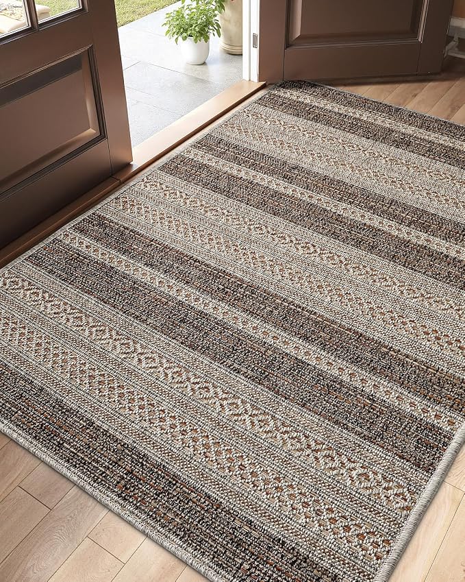 DEXI Dirt Trapper Door Mat, 48x72 Washable Doormat, Dirt Resistant and Absorbent, Easy Clean Low-Profile Floor Rugs for Entryway, Front Door, and Inside Entrance, Striped Brown by DEXI