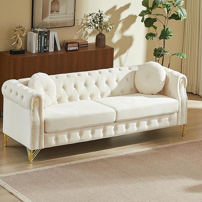 ERYE 82-Inch Button Tufted Sofa Couch with 2 Round Pillows, 3 Seat Velvet Tufted Sofa Spacious Chesterfield Loveseat Couches W/Nailhead Decor,Ring Accent & Golden Legs