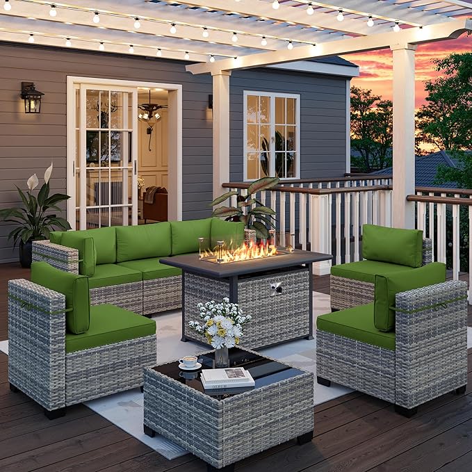 8-Piece Outdoor Patio Furniture Set with 55,000 BTU Fire Pit Table, PE Wicker Rattan Sectional Sofa Conversation Set - All-Weather Garden, Backyard Furniture, Avocado Green