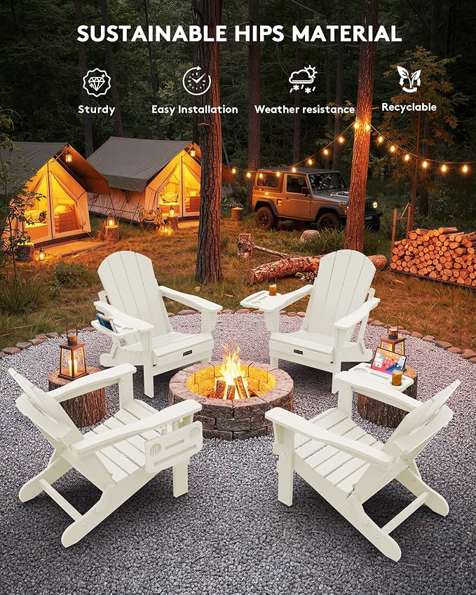 SERWALL Folding Adirondack Chair, Outdoor Adirondack Chairs with Multi-Functional Cup Holder, Wood-Like Patio Chairs, Lawn Chairs, All Weather Plastic Fire Pit Chair for Garden, Backyard, Deck - White - Image 9