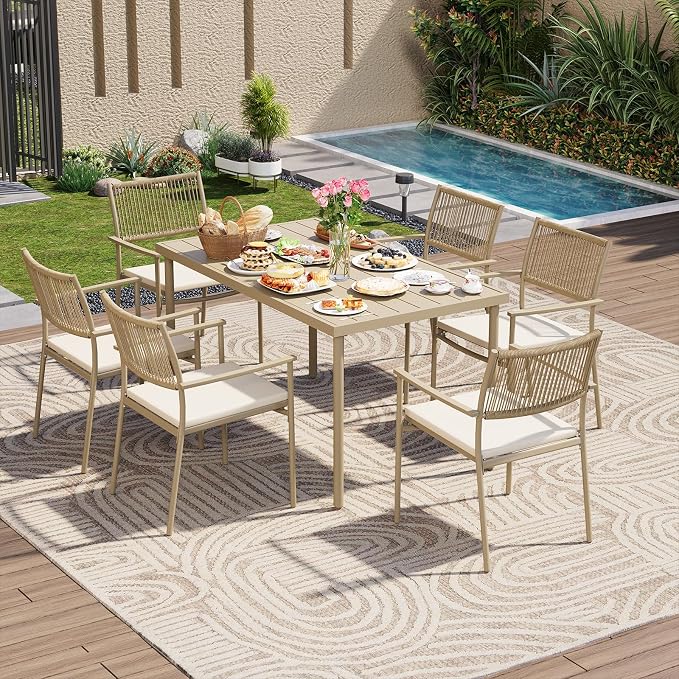 7 Pieces Outdoor Dining Set for 6, 55” Large Steel Dining Table with Umbrella Hole, Wicker Patio Table and Rattan Chairs for Garden/Deck/Yard/Porch, Matte Metal Spray Coating Patio Dining Set,Beige - Image 7