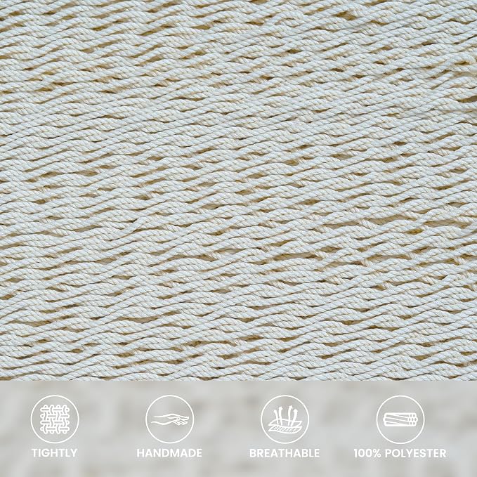 Lazy Daze Hammocks 10.5 FT Double 2 Person Caribbean Rope Hammock, Hand Woven Polyester Hammock with Spreader Bars, for Outside Outdoor Backyard Patio Poolside, 450 LBS Capacity, Cream - Image 3