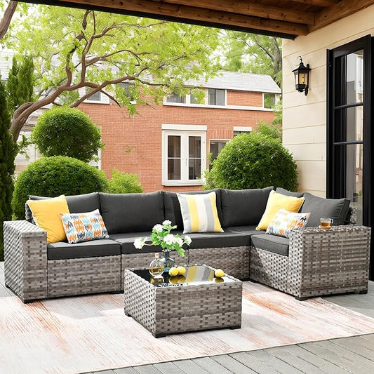 ovios 6 Pieces Patio Furniture Set, Outdoor Wicker Sectional Sofa with Glass Table Comfy Cushions, Modern Modular Deep Seat Couch Rattan Conversation Set, Black