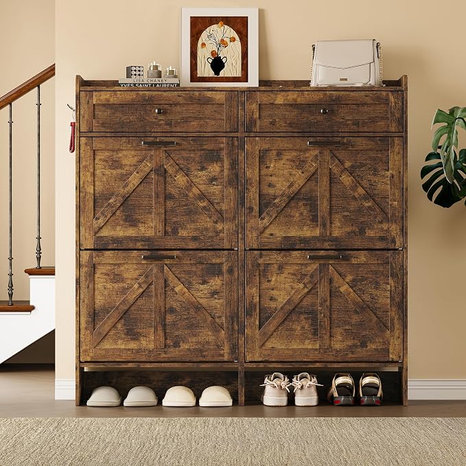 BORNOON Shoe Storage Cabinet for Entryway, Farmhouse Wide Shoe Cabinet with 4 Flip Drawers and 2 Top Drawers, Freestanding Organizer with Adjustable Shelves, Hooks, and Anti-Tip Kit for Hallway - Image 5