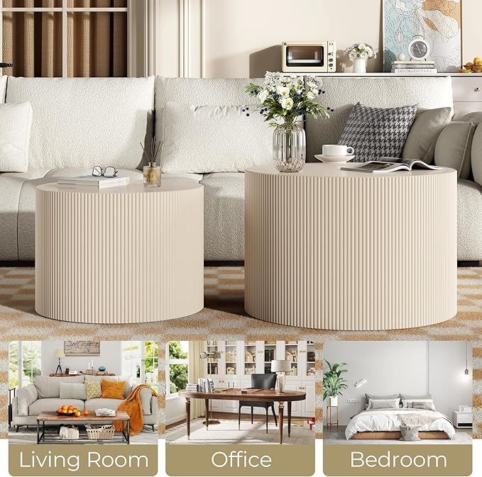 Round Coffee Table Set of 2, Modern Wooden Beige Nesting Tables for Living Room, No Assembly Required Circle Side Tables Set Accent End Table for Bedroom, Balcony