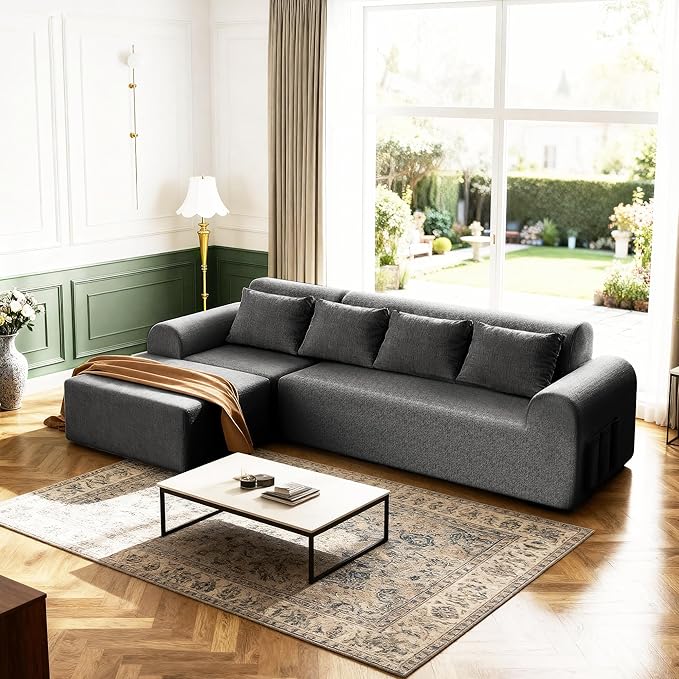 Rengue 105.5" Cloud Boneless Sectional Sofa for Living Room, 4-Seater L-Shaped Comfy Couch with Ottoman, 4 Pillows, Deep Seat Chenille Sofa, No Assembly Required (Dark Grey) 72h to Restore