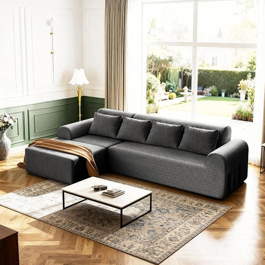 Rengue 105.5" Cloud Boneless Sectional Sofa for Living Room, 4-Seater L-Shaped Comfy Couch with Ottoman, 4 Pillows, Deep Seat Chenille Sofa, No Assembly Required (Dark Grey) 72h to Restore
