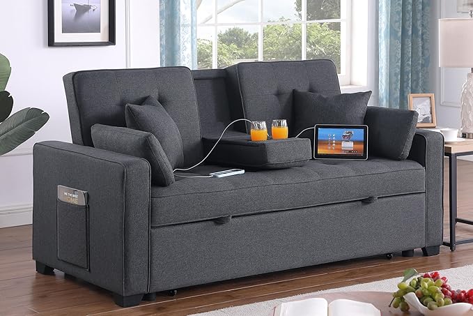 ERYE 70-Inch Loveseat Sleeper Pull Out Sleeper Couch Bed and Drop-Down Cupholders, 3 in 1 Convertible Sleeper Sofa Bed Oversized Tufted Lounge Daybed with Reclining Backrest | Cup Holder, USB-C Charging Ports
