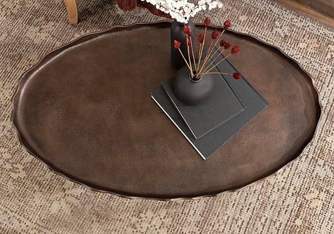 Kate and Laurel Alessia Transitional Oval Coffee Table, 34 x 20 x 15, Bronze, Metal Living Room Table for Storage and Display with Antique Deckled Edge Detailing