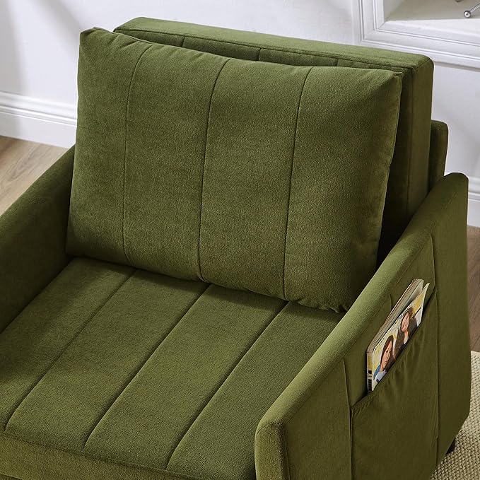 Ball & Cast 31.5" Futon Sofa-Bed,Convertible Pull Out Couch with Storage Basket,Sleeper Sofabed W/Adjustable Backrest and Side Pocket,Chaise Lounge for Living Room,Chenille Fabric,Green