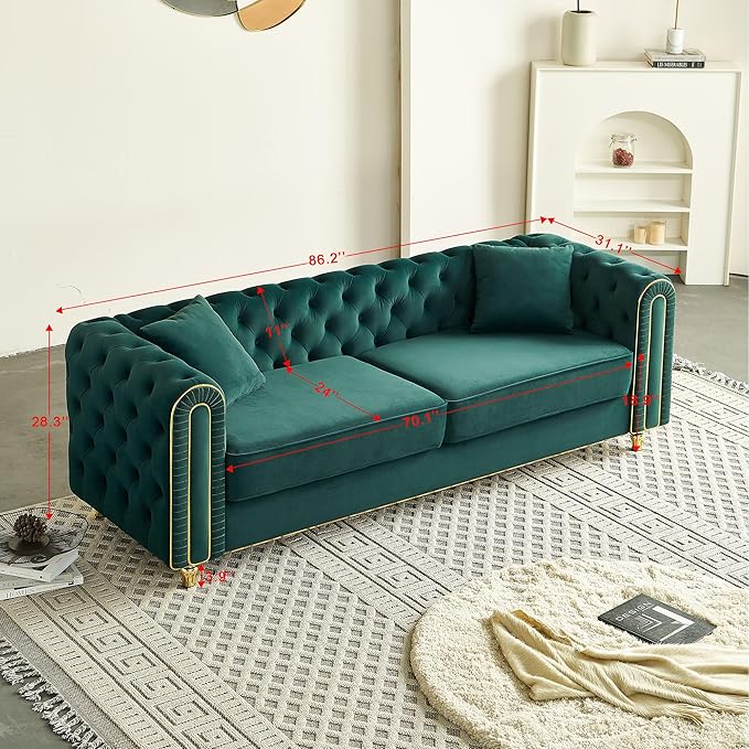 KEIKI 86" Chesterfield Velvet Button Tufted Sofa with High Density Foam Cushions and 2 Toss Pillows, Modern Style 3-Seater Couch with Gold Strip Trim Decoration, Easy Assembly, for Living Room, Green