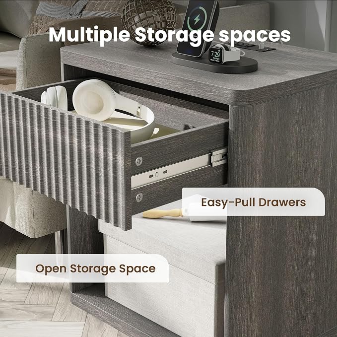Fluted Nightstand Set of 2 with Drawer Bed Side Table Wide End Table Modern Night Stands with Large Storage Charging Station Mid Century for Bedroom Living Room Office,Gray 2 - Image 4