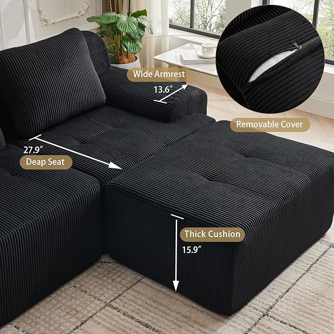 Modular Sectional Sofa with Movable Ottoman, 2 Seat Deep Seat Couch with 2 Pillows, Comfy Cloud Sectional Sofa for Living Room, Bedroom and Apartment (Black, 1 Left+1 Right+2 Ottoman)