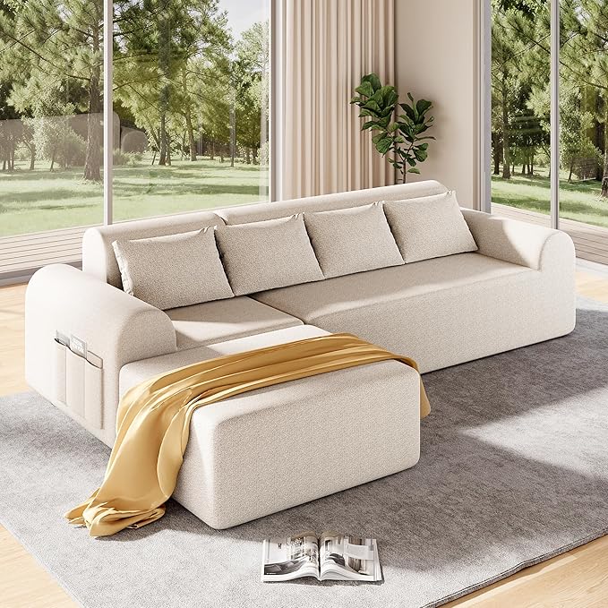 105.5" Cloud Boneless Sectional Sofa with Ottoman & 4 Pillows, L-Shaped 4-Seater Modular Couch for Living Room, Ultra Deep Seat Chenille Fabric Sofa, No Assembly Required, Beige