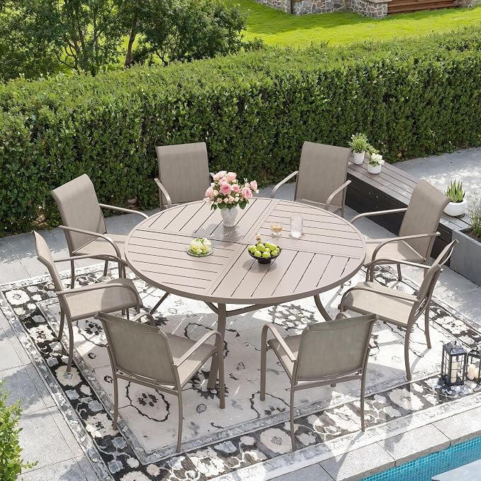 DIFY 9 Pieces Outdoor Patio Dining Set for 8, 53.1" Sandshell Round Metal Dining Table and 8 Sandshell Stackable Sling Dining Chairs, Outdoor Table and Chairs for Lawn Garden Backyard Deck by DIFY