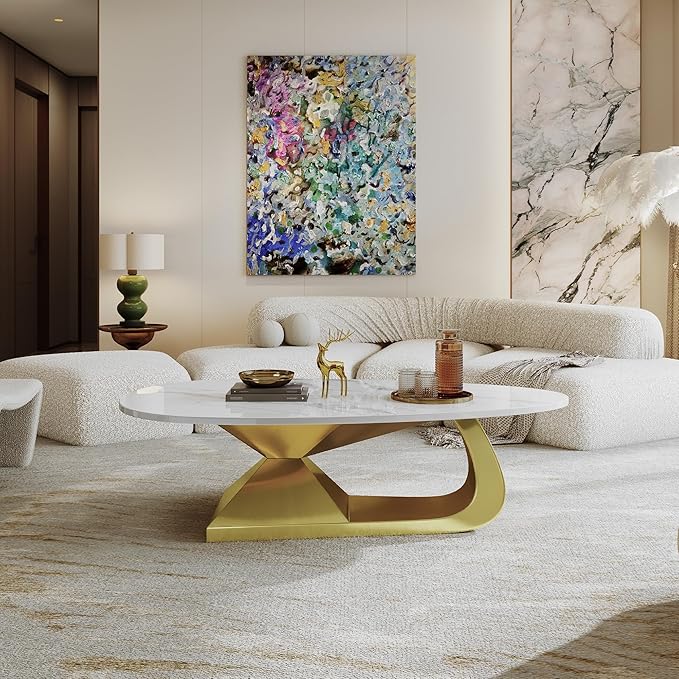 Glintee 51.2" Oval Coffee Table with Marble Top, Gold Stainless Steel Base, Scratch & Heat Resistant, Modern Living Room Centerpiece.