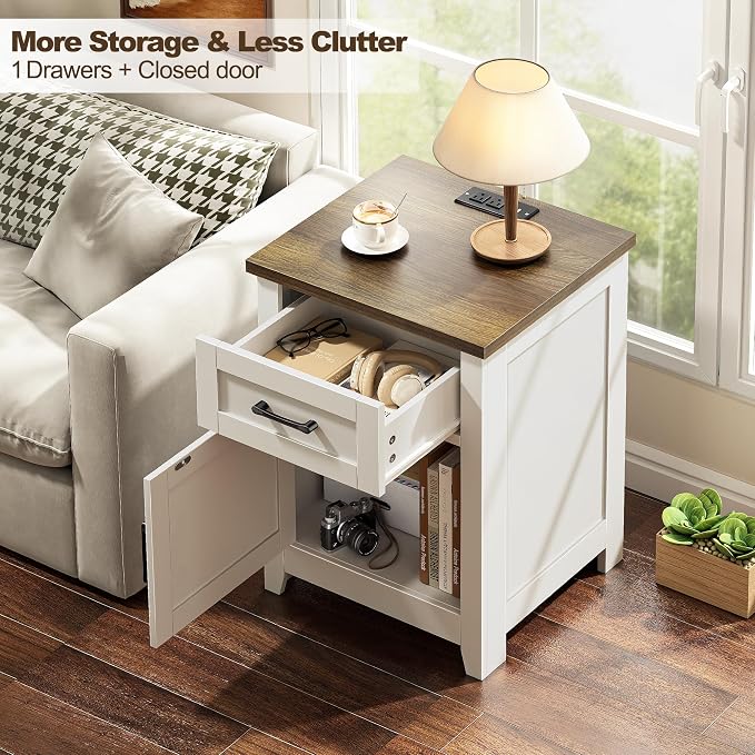 Decofy Farmhouse Nightstand with Charging Station, Set of 2 Modern End Tables with Large Storage & One Drawers, Outlets, USB Ports & Type-C Ports, Wood Rustic Nightstands for Bedroom (White + Walnut) - Image 3
