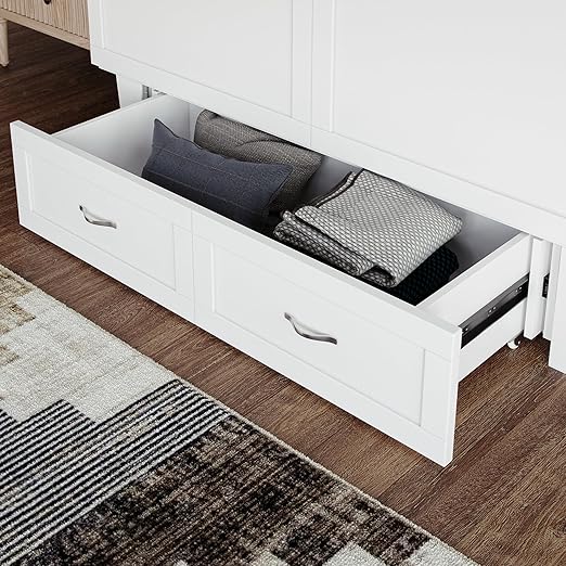AFI, Chelsea Mid-Century Modern Queen Solid Wood Murphy Bed Chest with 6" Mattress, Storage Drawer & Built-in USB Charger, White