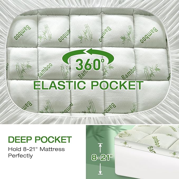 Mattress Topper Queen Size Viscose Derived from Bamboo, Thick Soft Pillow Top Mattress Pad Cover for Back Pain, Mattress Protector with 8-21 Inch Deep Pocket, White