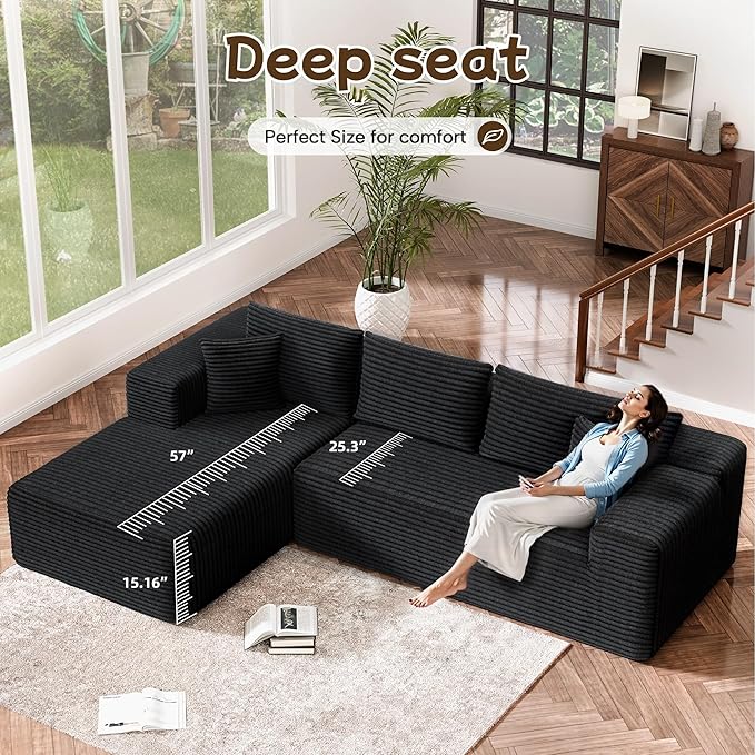 L-Shape Cloud Sectional Sofa, 104” Modern Modular Boneless Couch with Right Chaise Lounge, Compressed Floor Sofa with 5 Pillows & Deep Seat, Flannel Velvet Couch for Living Room, Black