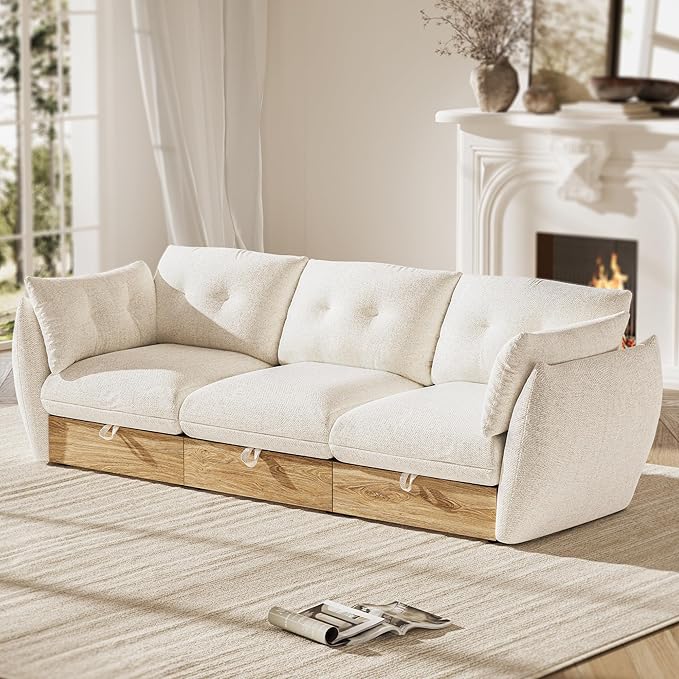 98" 3-Seater Cloud Couch Sectional Modular Sofa with Storage, Cotton and Linen Fabrics Modern Oversized Deep Seat Sofa with Armrest Pillow, Easy Assembly for Living Room, Apartment, Ivory