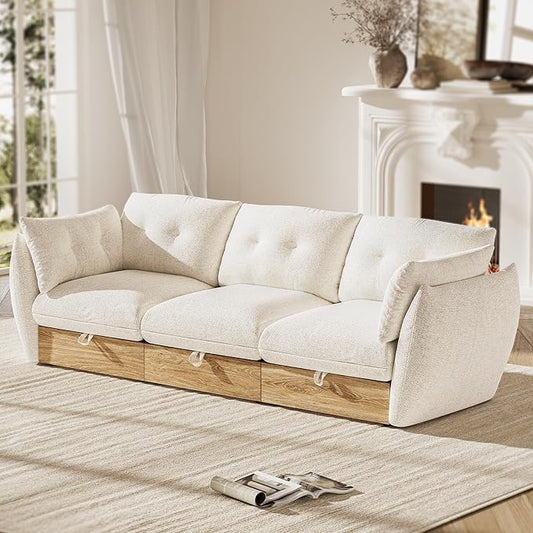 98" 3-Seater Cloud Couch Sectional Modular Sofa with Storage, Cotton and Linen Fabrics Modern Oversized Deep Seat Sofa with Armrest Pillow, Easy Assembly for Living Room, Apartment, Ivory