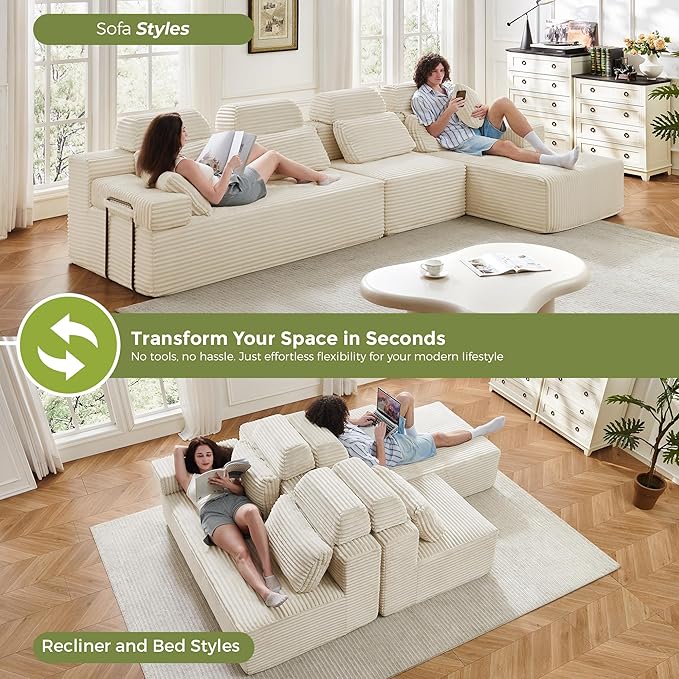 136" L-Shaped Cloud Modular Sectional Sofa with Chaise & Headrest, Boneless Deep Seat Plush Corduroy Couches for Large Living Room, No Assembly Required (White, 136" L-shapred Chaise)