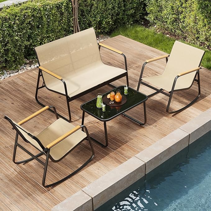 Ahomly Outdoor Patio Furniture Set 4 Pieces, Conversation Textilene Fabric Chairs with Coffee Table Rocking Chairs Bistro Set for Backyard, Poolside, Porch (Brown)