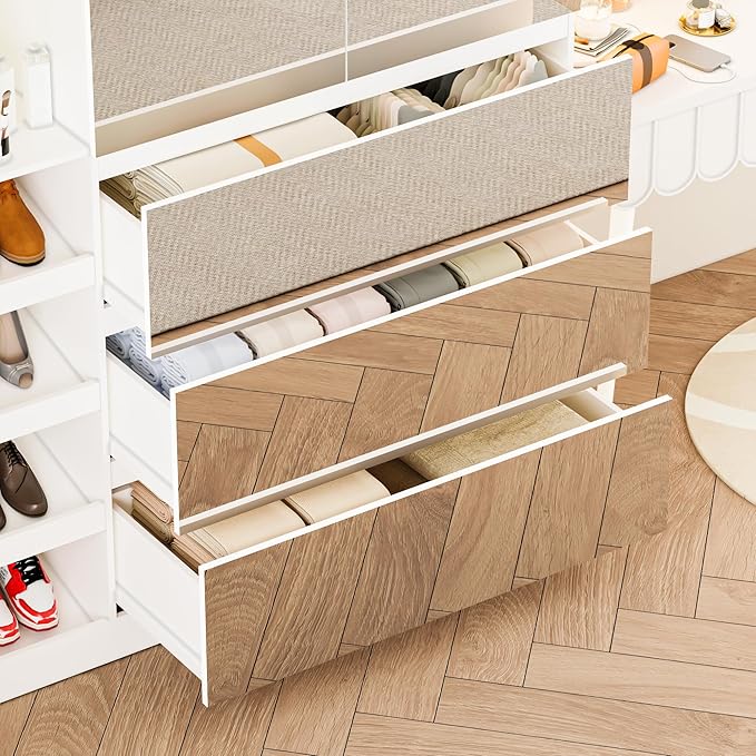 Mirrored Wardrobe Closet with Shoe Cabinet Storage, White Armoire with Shelves and 3 Drawers, Modern Clothes Storage Cabinet with Hanging Rod for Bedroom Guest Room