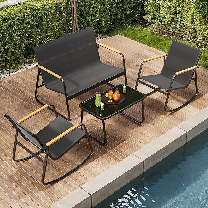 Ahomly 4-Piece Patio Furniture Set, Textilene Outdoor Conversation Set with 2 Rocking Chairs and Tempered Glass Coffee Table, for Lawn, Garden, Balcony, Poolside (Black)