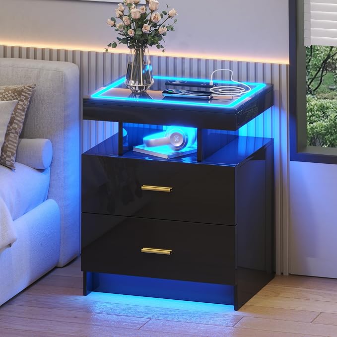 LED Nightstand with Wireless Charging Station,Black Night Stand with 2 Drawers,Glass Top Smart Bedside Table,Modern End Table Side for Bedroom,Living Room,Office - Image 7