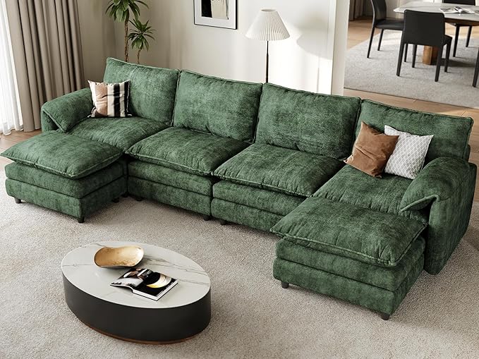DWVO 142" Modular Sectional Sofa, Modern U Shaped Couch with Movable Ottoman, Pillow-Armrest, Velvet 6 Deep Seat Cloud Couch for Living Room, Green