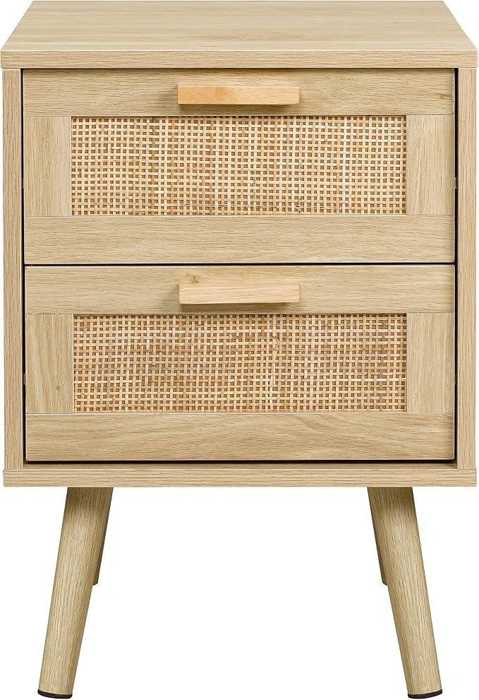 Finnhomy Nightstand, End Table, Side Table with 2 Hand Made Rattan Decorated Drawers, Wood Accent Table with Storage for Bedroom, Natural (Patented) - Image 3