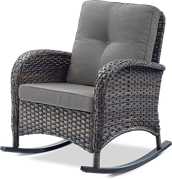 Belord Patio Rocking Chair Wicker Chair, 1 Piece Outdoor Rocking Chair Seating with Cushions for Porch Deck Balcony, Brown/Gray