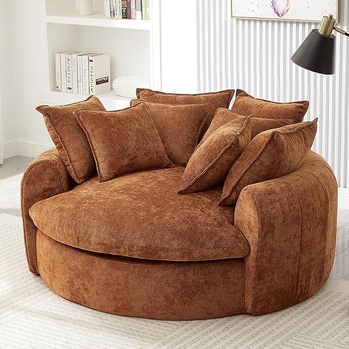 Merax 59.8" Full-Compressed Round Chaise Sofa, Boneless Loaf Style Chenille Upholstered Sofa Bed with 8 Throw Pillows for Living Room, Orange