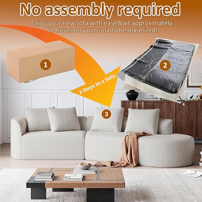 112" Modern Cloud Sectional Sofa, Chenille 4-Seater Curved Couch with 4 Pillows, Extra Deep & Wide Seat, No-Assembly Compressed Upholstered Living Room Sofa for Bedroom,Apartment,Khaki Left
