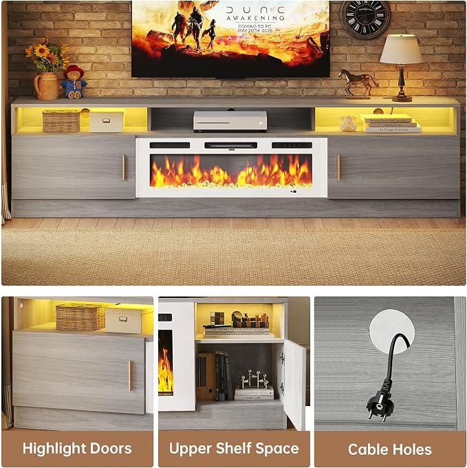 MXV 78" Fireplace TV Stand with Power Outlet for TVs UP to 90", Electric Fireplace Entertainment Center with LED Lights & Storage Cabinets, TV Console for Living Room, Office, Grey-White - Image 4