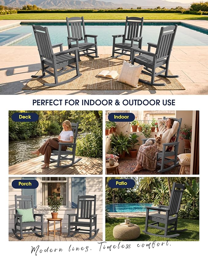 KINGYES Oversized Outdoor Rocking Chairs, HDPE All-Weather Patio Rocking Chairs High Back Porch Rocker for Adult, Gray - Image 8
