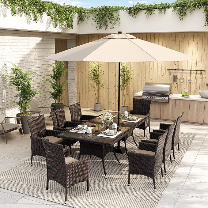 ALAULM 10 Piece Outdoor Patio Dining Set for 8 All-Weather Wicker Patio Furniture Set w/Tempered Glass Tabletop, Removable Cushions and Umbrella Hole for Patio, Backyard, Garden, Poolside (Brown) - Image 2