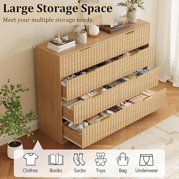 8 Drawer Dresser and Nightstand Sets for Bedroom, Modern Fluted 3 Pcs Bedroom Dresser Furniture Sets, Wood Chest of Drawers and Nightstand Set of 2 with Metal Handles, Natural Oak