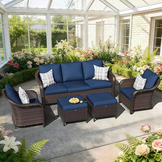 5 PCS Outdoor Conversation Set | 78" Couch, 2 Chairs, 2 Ottomans, Patio Wicker Conversation Furniture with Removable Cushions for Bistro, Deck, Sunroom (Navy Blue)