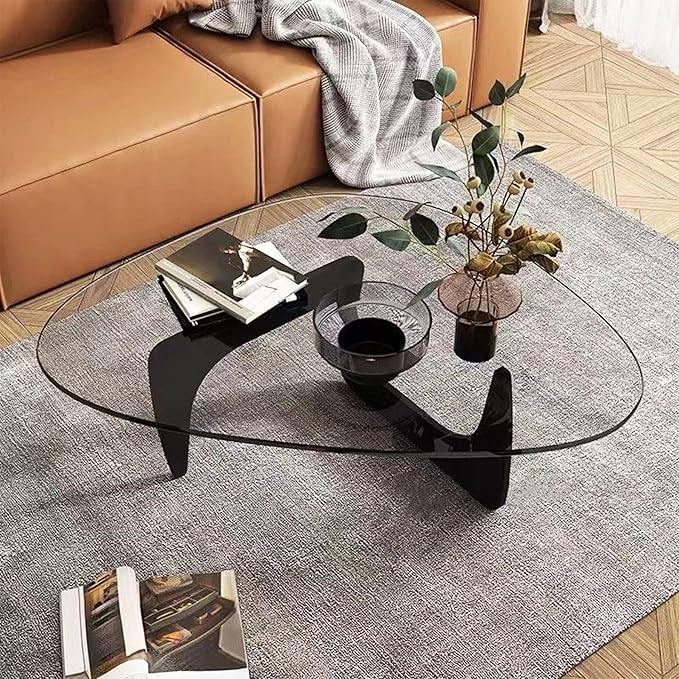 Black Coffee Table for Living Room, Small Coffee Tables, Mid Century Modern Coffee Table with Glass Top, Funky Unique Center Tables for Bedroom Reception Office