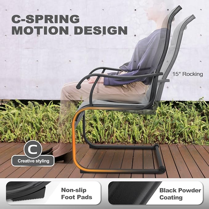 NUU GARDEN Set of 2 Patio Dining Chairs All Weather Outdoor Padded Textilene Chairs with High Back and Spring Motion Design Breathable Outdoor Dining Chairs for Deck Lawn Backyard Grey - Image 7