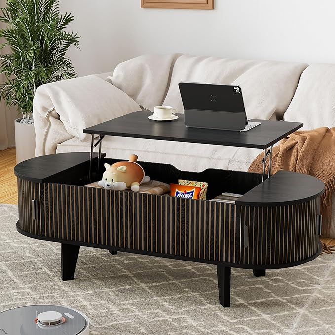 47.2" Oval Lift Top Coffee Table with Storage, Wood Fluted Coffee Table with 180° Sliding Tambour Door, Mid Century Modern Center Table for Living Room, Office, Black